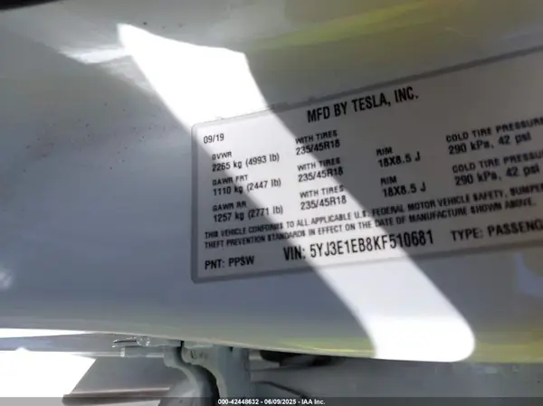 5YJ3E1EB8KF510681 2019 TESLA MODEL 3 - Image 8