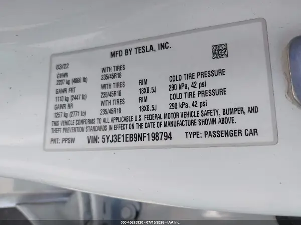 5YJ3E1EB9NF198794 2022 TESLA MODEL 3 - Image 8