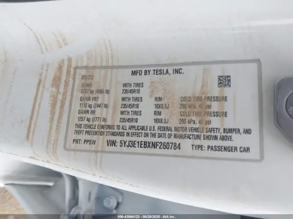 5YJ3E1EBXNF260784 2022 TESLA MODEL 3 - Image 8
