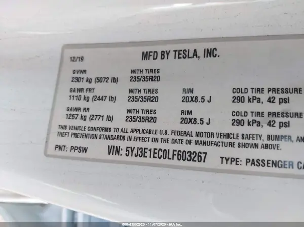 5YJ3E1EC0LF603267 2020 TESLA MODEL 3 - Image 8