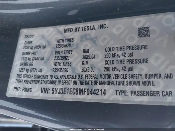 5YJ3E1EC8MF044214 2021 TESLA MODEL 3 - Image 8
