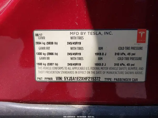 2017 TESLA MODEL S auction photo 8