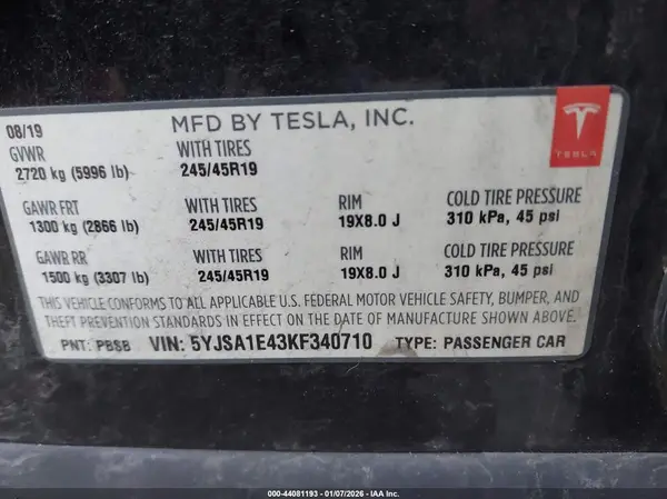 5YJSA1E43KF340710 2019 TESLA MODEL S - Image 8