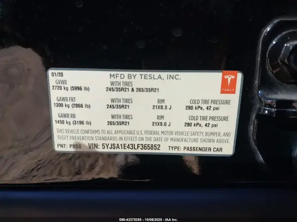 5YJSA1E43LF365852 2020 TESLA MODEL S - Image 8