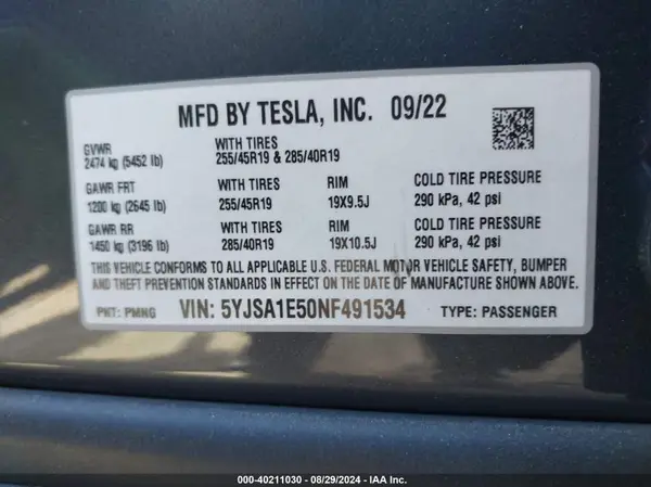 5YJSA1E50NF491534 2022 TESLA MODEL S - Image 8