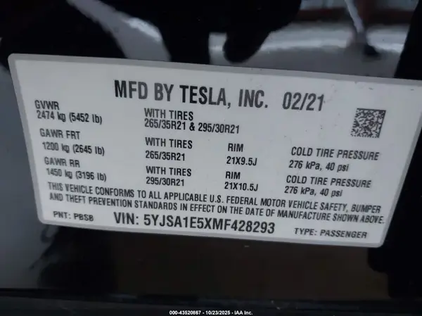 5YJSA1E5XMF428293 2021 TESLA MODEL S - Image 8