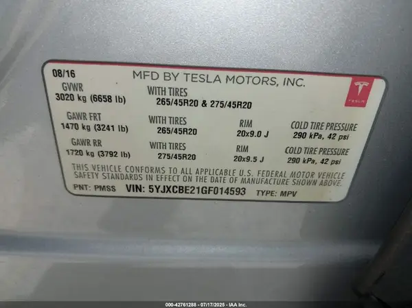 5YJXCBE21GF014593 2016 TESLA MODEL X - Image 8