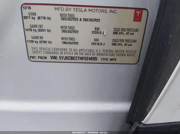 5YJXCBE27HF024899 2017 TESLA MODEL X - Image 8