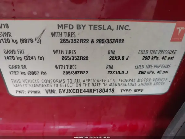 5YJXCDE44KF180418 2019 TESLA MODEL X - Image 8