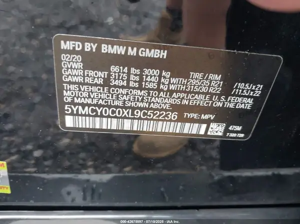 5YMCY0C0XL9C52236 2020 BMW X6 M - Image 8