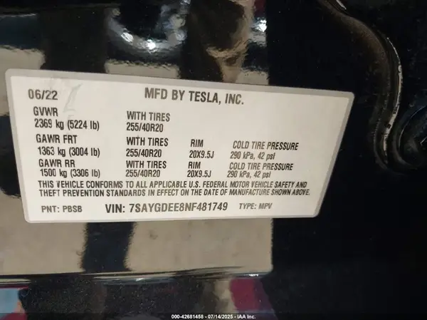 7SAYGDEE8NF481749 2022 TESLA MODEL Y - Image 8
