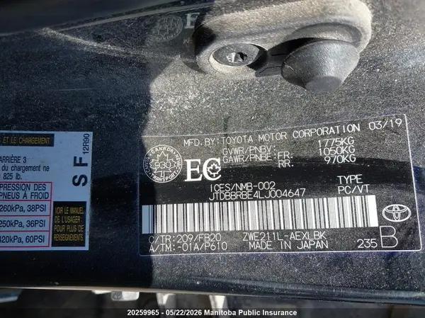 JTDBBRBE4LJ004647 2020 TOYOTA COROLLA - Image 8