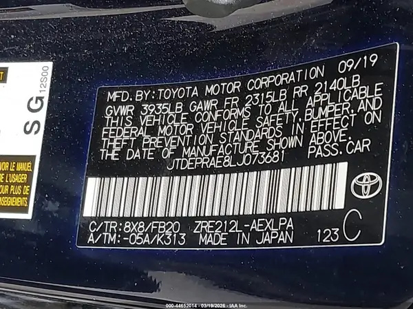 JTDEPRAE8LJ073681 2020 TOYOTA COROLLA - Image 8