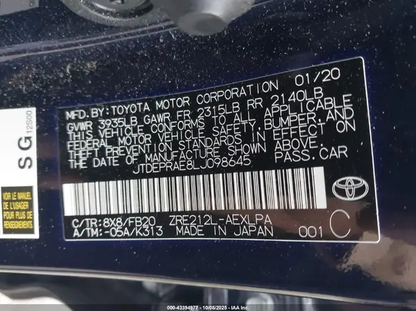 JTDEPRAE8LJ098645 2020 TOYOTA COROLLA - Image 8