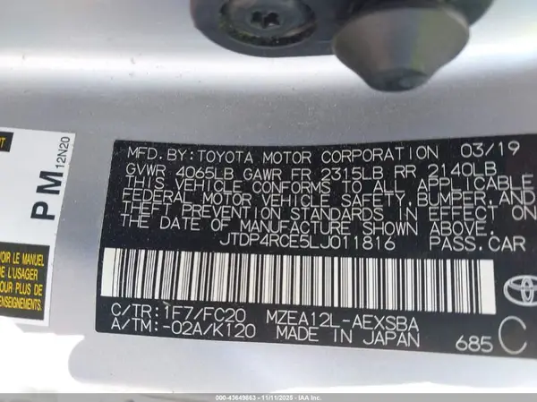 JTDP4RCE5LJ011816 2020 TOYOTA COROLLA - Image 8