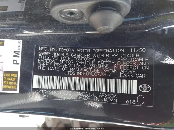 JTDS4MCE0MJ070707 2021 TOYOTA COROLLA - Image 8