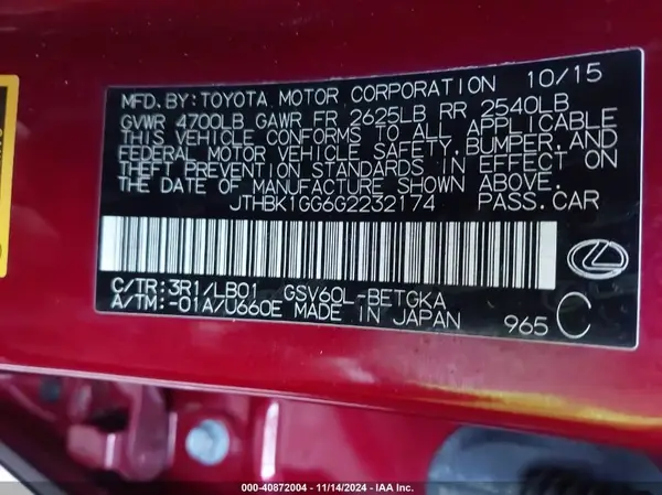 JTHBK1GG6G2232174 2016 LEXUS ES - Image 8