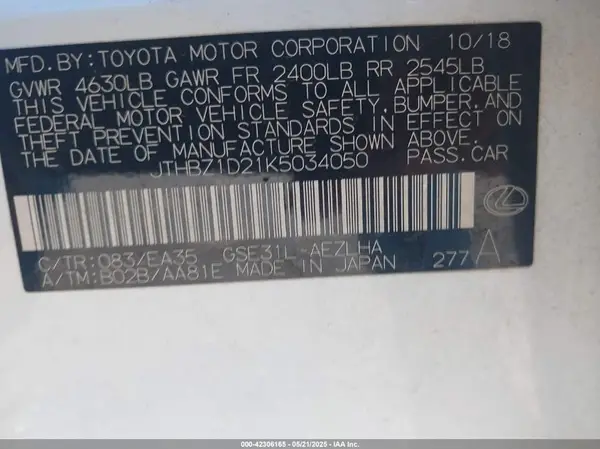 JTHBZ1D21K5034050 2019 LEXUS IS - Image 8