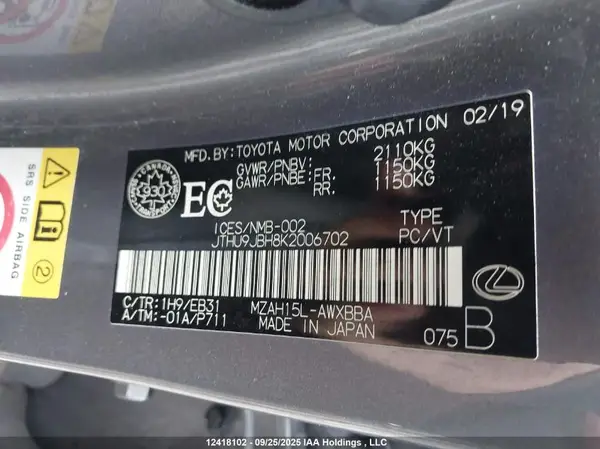 JTHU9JBH8K2006702 2019 LEXUS UX - Image 8
