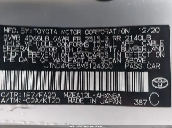 JTND4MBE8M3124300 2021 TOYOTA COROLLA - Image 8