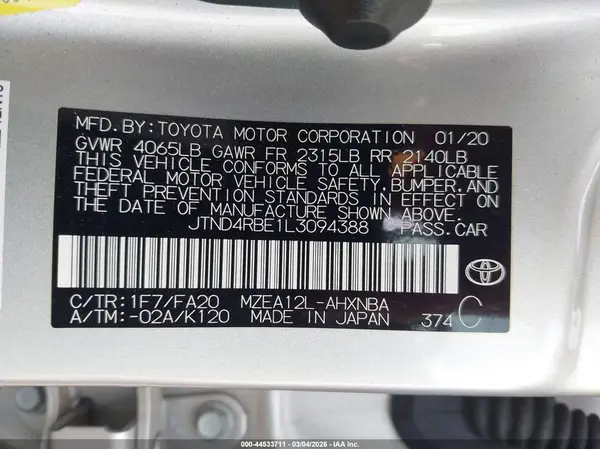JTND4RBE1L3094388 2020 TOYOTA COROLLA - Image 8