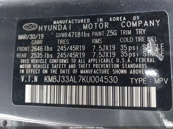KM8J33AL7KU004530 2019 HYUNDAI TUCSON - Image 8