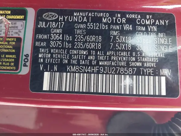 KM8SN4HF9JU278587 2018 HYUNDAI SANTA FE - Image 8